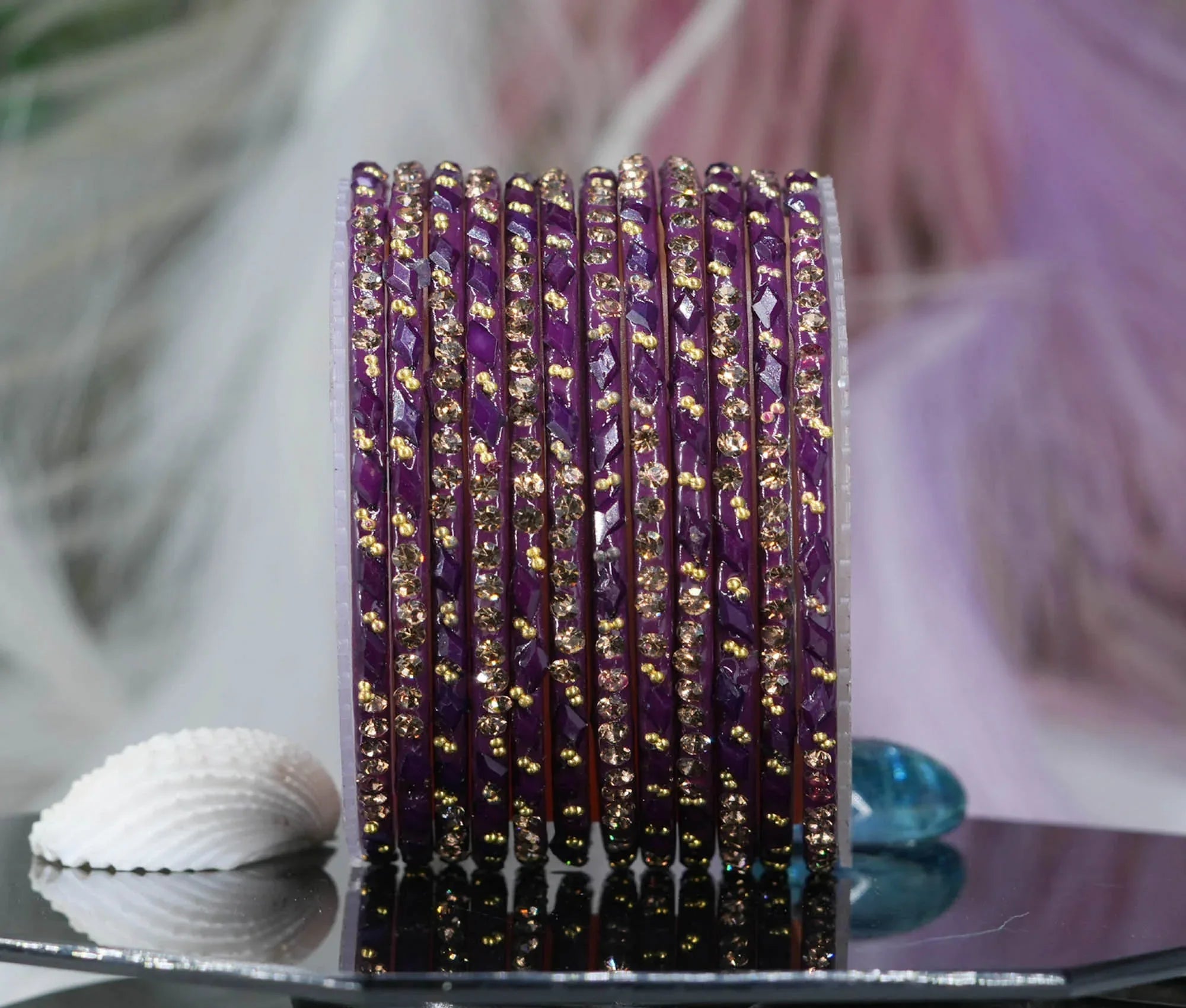 Glass Bangles with Gold Pearl Beads Studded for Women & Girls (Pack 12 Bangles) - The Golden Cascade